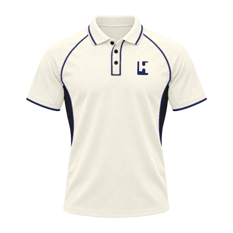 Custom Cricket Whites Shirt in Cream / Navy, front
