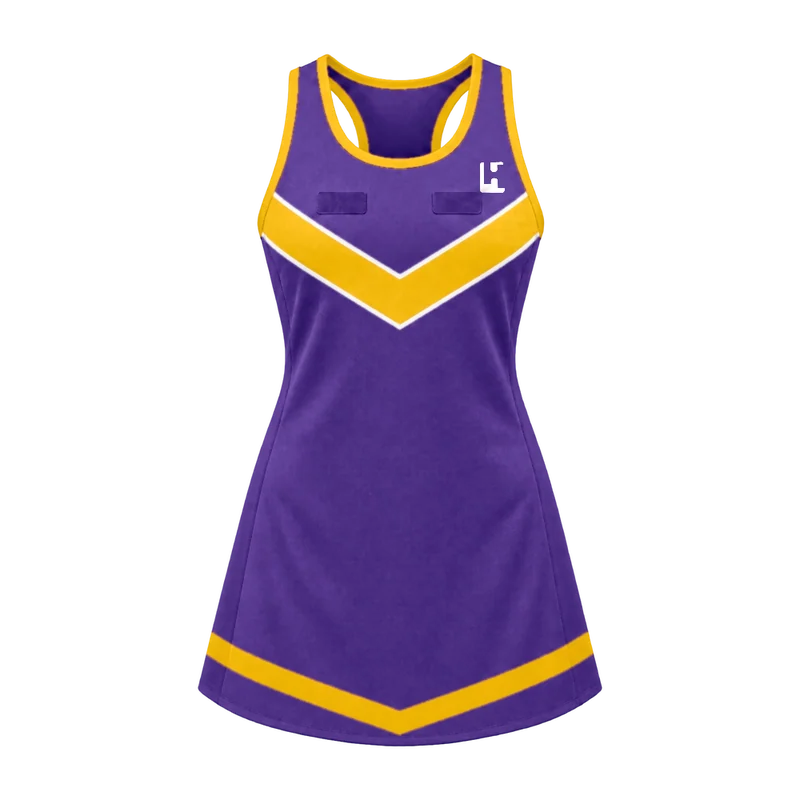 Custom Netball Dress in Purple / Gold, front