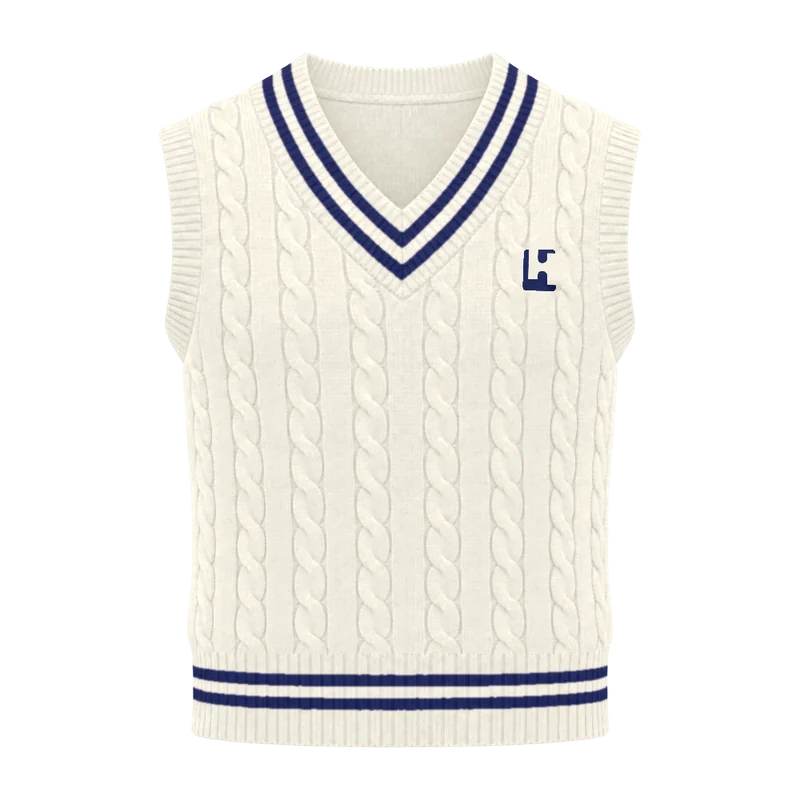 Custom Cricket Cable-knit Vest in Cream / Navy, front