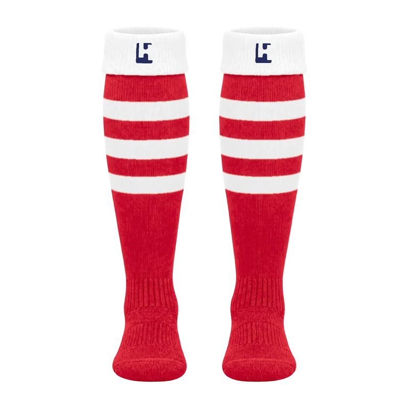 Custom Football Match Socks in Red / White, front